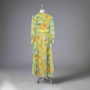 Vintage 60s 70s Sheer Floral Maxi Party Dress XS